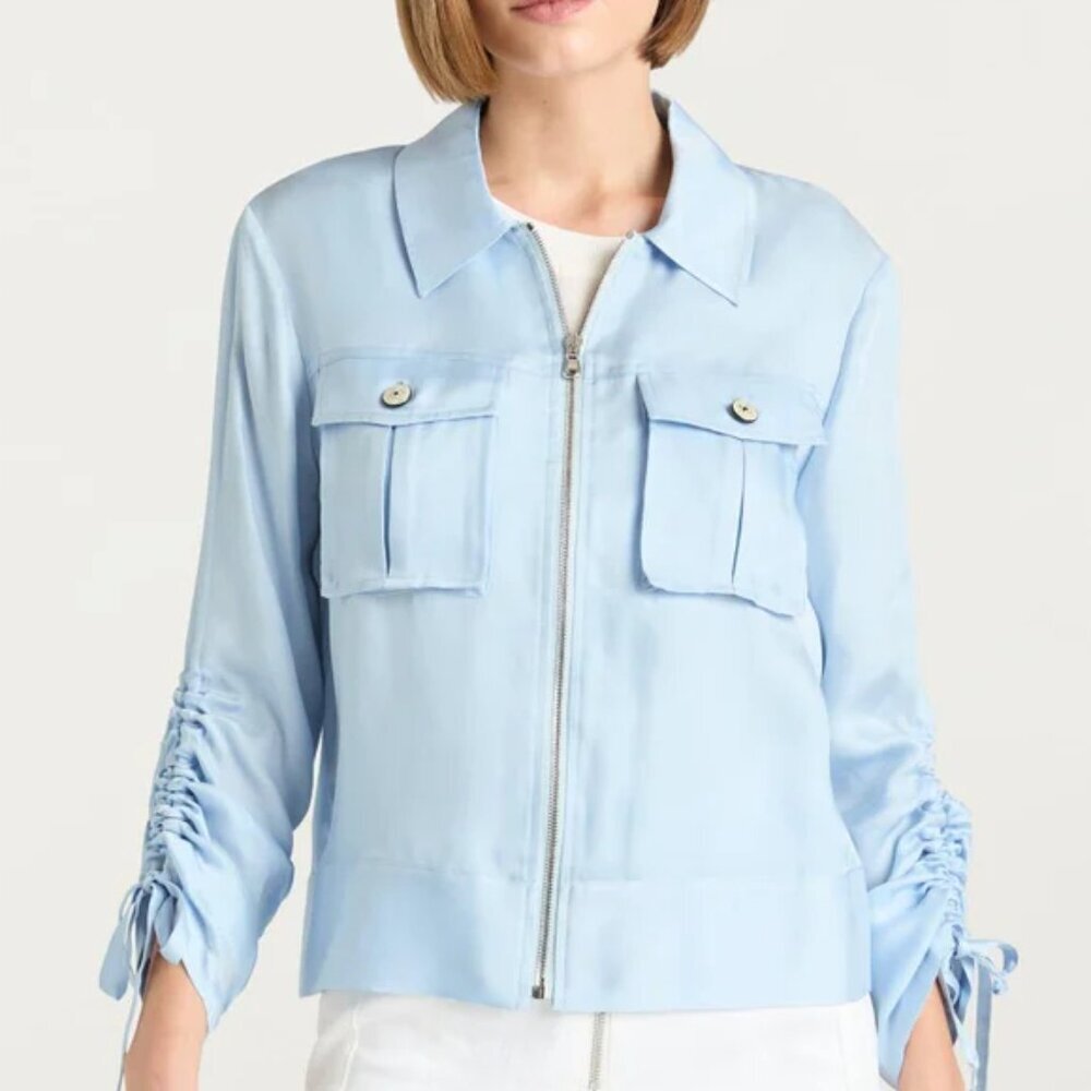 Cinq à Sept 'Dale' Ruched-Sleeve Satin-Twill Jacket, Whispering Sky Blue